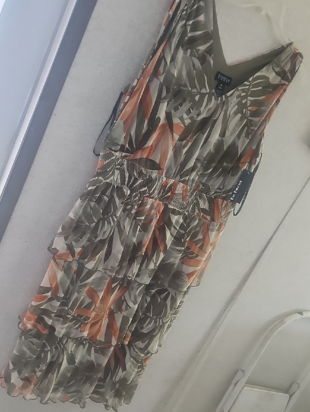 Enfocus Studio Olive Green & Rust Orange Floral Tiered Midi Dress